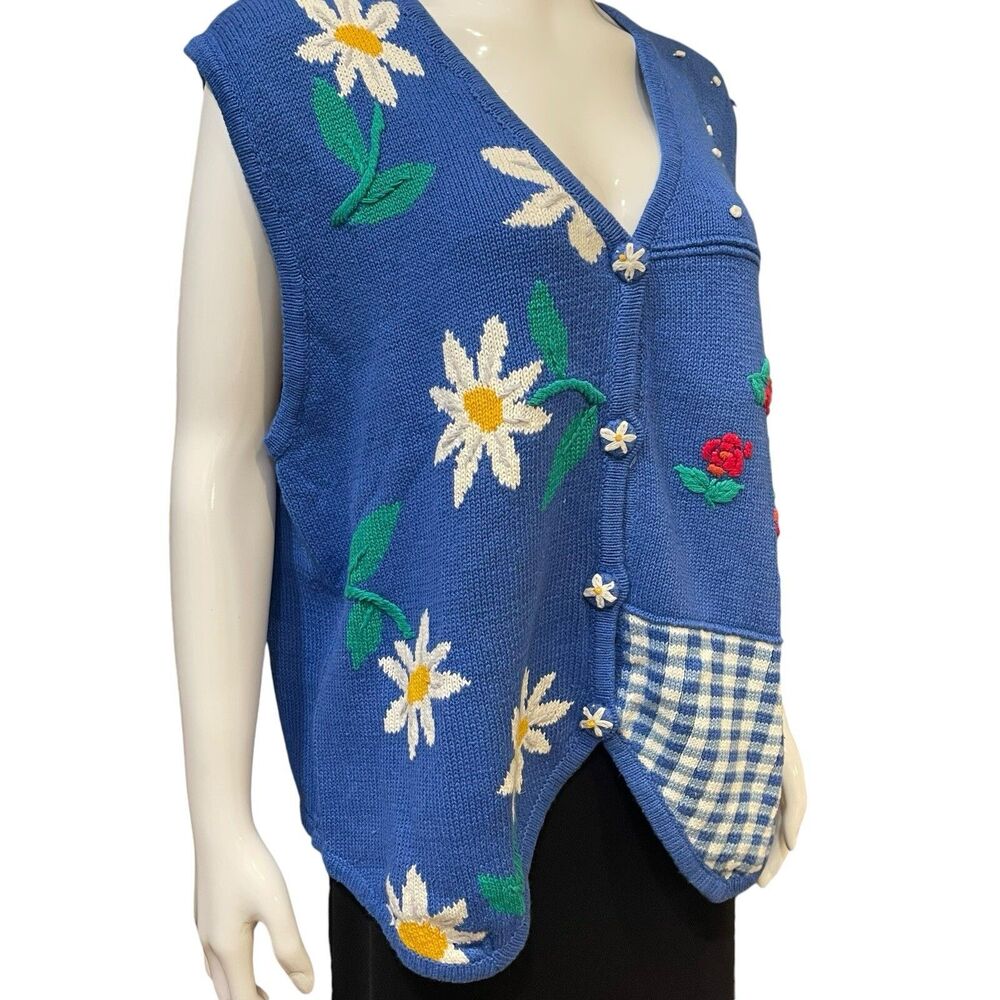 Sweater Vest Womens 2XL Capacity Blue Daisy Floral V-Neck Cotton Ramie 80s Vtg - Picture 3 of 9